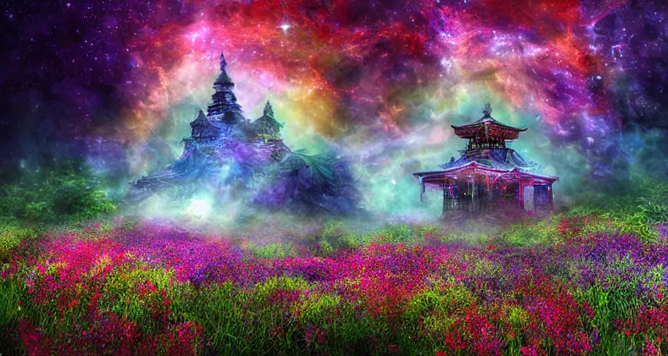 Prompt: a large mystic shrine shrouded by mystic nebula magic in a field of flowers, mad dog jones, breath - taking beautiful flowers, streams, nebula, and mist, an aesthetically pleasing, dynamic, energetic, lively, complex, intricate, detailed, well - designed digital art of magic, streams, flowers, and mist, early morning, light and shadow