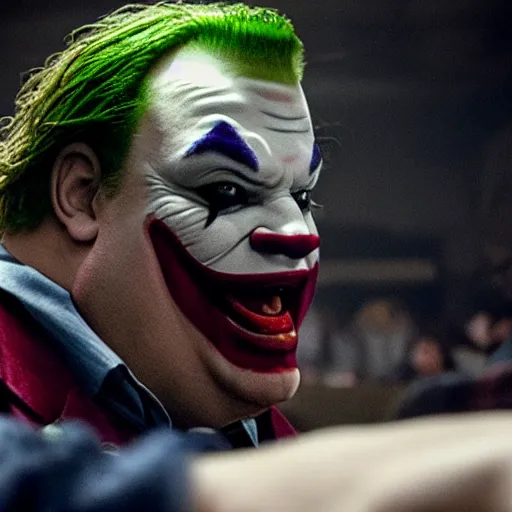 Image similar to stunning awe inspiring chris farley as the joker movie still 8 k hdr atmospheric lighting