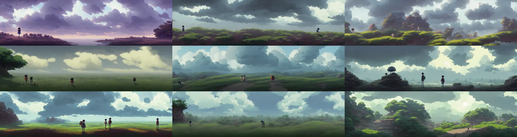 Prompt: a wholesome animation key shot of a gritty cloudy hazy day panorama, studio ghibli, pixar and disney animation, sharp, rendered in gouache painting, anime gouache key art by greg rutkowski, bloom, dramatic, dynamic lighting
