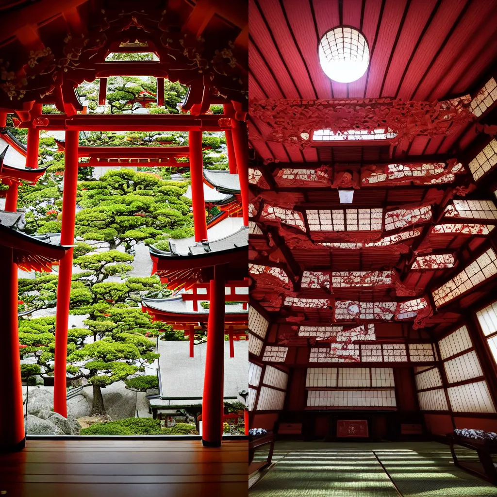Prompt: interior of a Japanese temple, wide angle, dramatic light, Hayao Miyazaki, cherry tree petals floating, wide angle