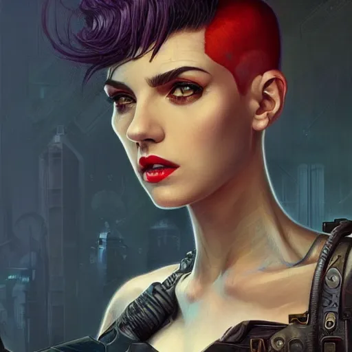 Prompt: character portrait of a retro punk woman in a pixie cut, shaved side of head, dystopian cyberpunk steampunk soviet mood, intricate, wild, highly detailed, digital painting, artstation, upper body, concept art, smooth, sharp focus, illustration, art by artgerm and greg rutkowski and alphonse mucha