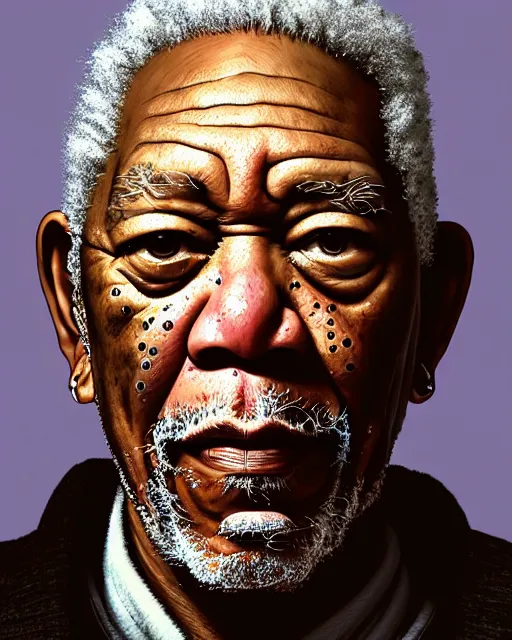 Image similar to portrait of Morgan Freeman as a cyborg. intricate abstract. intricate artwork. by Tooth Wu, wlop, beeple, dan mumford. octane render, trending on artstation, greg rutkowski very coherent symmetrical artwork. cinematic, hyper realism, high detail, octane render, 8k, iridescent accents