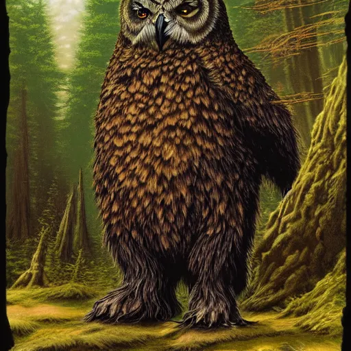 Image similar to three quarter portrait of an owlbear in the forest, d & d, fantasy, michael whelan,