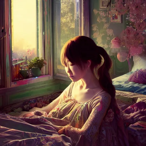 Prompt: beautiful young girl in intricate clothing by ross tran, sleeping in a messy bedroom designed by joanna gaines, at sunset, painted by sana takeda, reflections, very high intricate details, painting by liu xiaodong, digital anime art, medium shot, mid - shot, composition by ilya kuvshinov, lighting by greg rutkowski