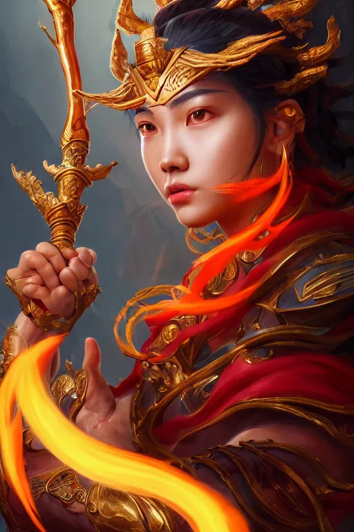 Image similar to a masterpiece portrait of nezha, legendary god holding spear, flame everywhere, epic pose, fantasy character portrait, closeup shot, hyper detailed, digital painting, 8 k realistic, trending on artstation, sharp focus, dof, by fenghua zhong, artgerm, ne zha from smite, jeff easley, raymond swanland