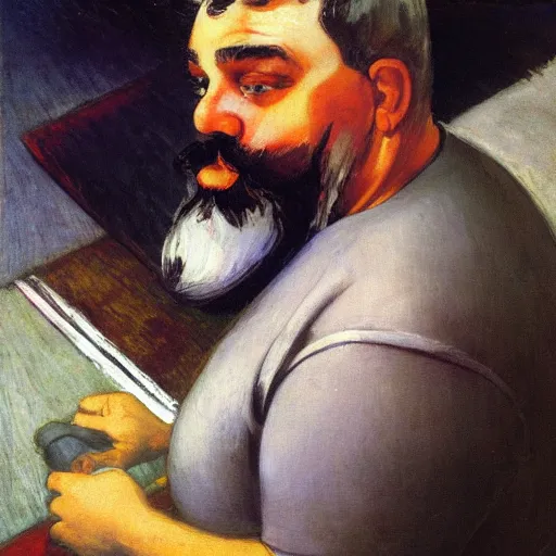 Image similar to portrait of a chubby bearded multi-ethnic young man, collared shirt, graying hair, glowing with silver light, painting by Franz Marc, by Jean-Léon Gérôme, by Winsor McCay, today's featured photograph, 16K