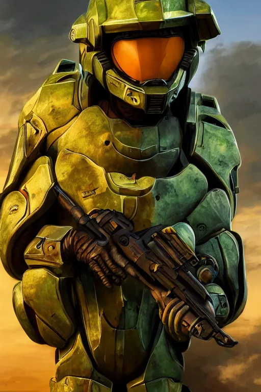 Prompt: scooby doo playing as master chief, oil on canvas, intricate, portrait, 8 k highly professionally detailed, hdr, cgsociety