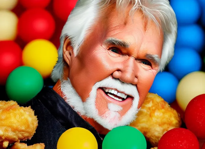 Image similar to photo still of kenny rogers in a ball pit filled with fried chicken!!!!!!!! at age 4 6 years old 4 6 years of age!!!!!!!! hiding from parents, 8 k, 8 5 mm f 1. 8, studio lighting, rim light, right side key light