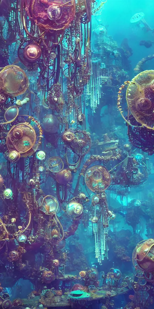 Prompt: mythical dreamy organic translucent bio-mechanical overpopulated underwater steampunk sci-fi city of Atlantis, jellyfish, seahorses, tropical fish, highly detailed, intricate crystal jelly ornate, poetic, 3D render, digital art, octane render, 8K artistic photography, photo-realistic, by Dora Maar