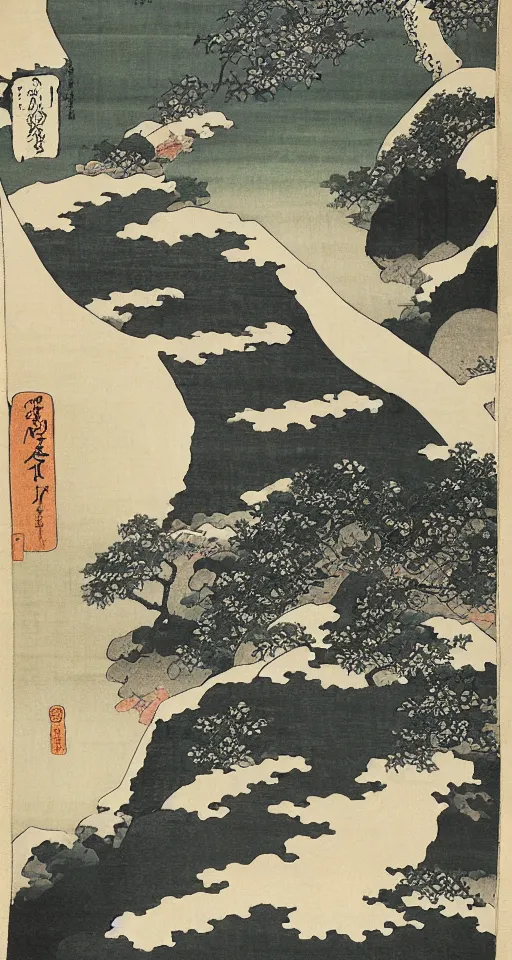 Image similar to hokusai, path of steps leading up to a temple, japanese style, dreamy, layered, soft, black ink