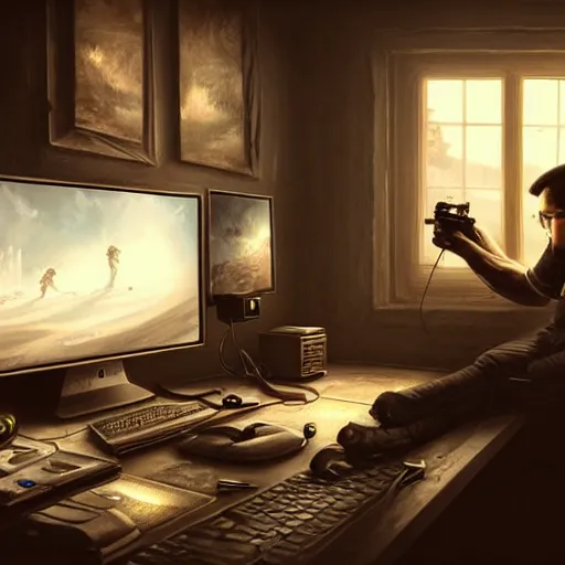 Image similar to realistic man using pc in gaming room, artstation trends, sci fi concept art, highly detailed, intricate, sharp focus, digital art, 8 k