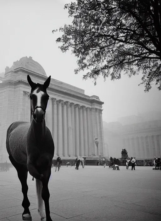 Image similar to a photograph of a horse in front of the metropolitan museum of art, foggy, 3 5 mm, color film camera, pentax