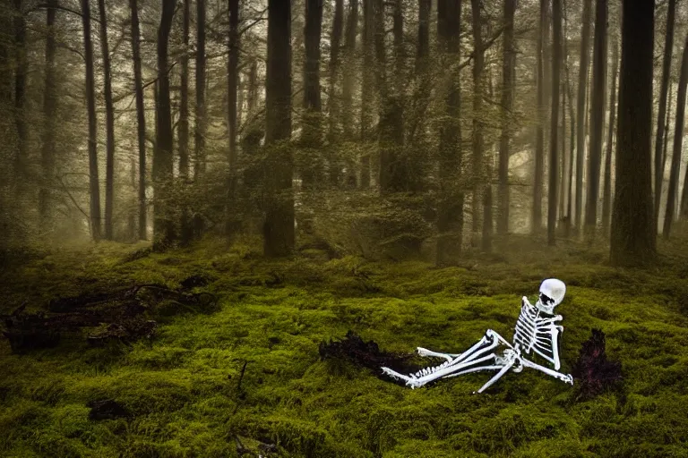 Image similar to a burning with fire human skeleton sitting behind computer, overgrown with moss, in foggy forest, at night with moon, dark atmosphere, by carus carl gustav