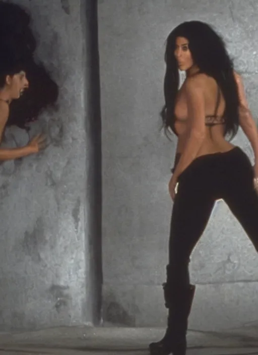 Prompt: cinematic film still of kim kardashian pushed against a wall by an xenomorph in Alien.