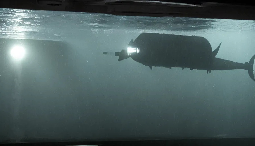 Image similar to Big budget horror movie, a submarine approaches an underwater biolab, deep in the ocean, dark and gloomy