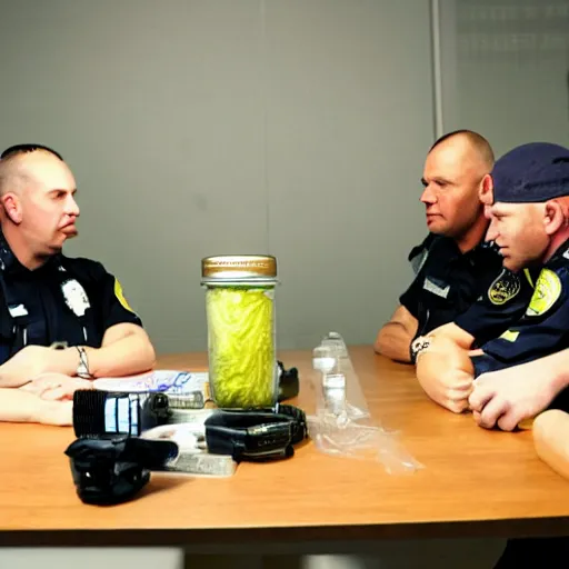 Image similar to coherent photo of police interrogating a jar of pickles