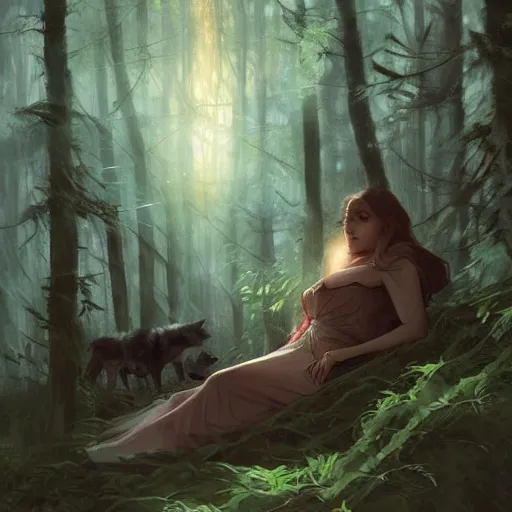 Image similar to wolves asleep amidst the trees and bats are all swaying in the breeze, d & d, digital painting, dark, fantasy, cinematic lighting, mood lighting, realistic, digital art, trending on artstation, art by artgerm and greg rutkowski and alphonse mucha