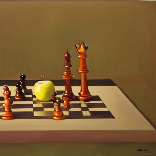 Image similar to an apple playing chess, realistic oil paint