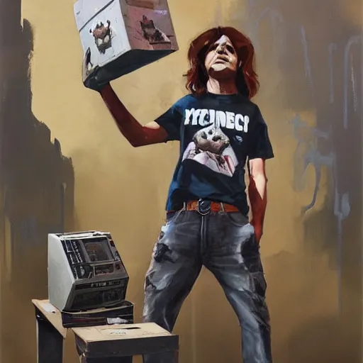 Image similar to greg manchess painting of a trash panda character, wearing an acdc t - shirt, holding a box of cables and standing next to old electronic equiptment, medium shot, asymmetrical, profile picture, organic painting, sunny day, matte painting, bold shapes, hard edges, street art, trending on artstation, by huang guangjian and gil elvgren and sachin teng