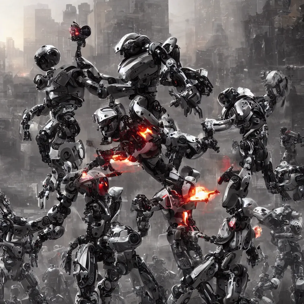 Image similar to robotic rebellion, cyborgs raise against humans in the streets, ocfane render, photo realistic, hyper realistic, 8 k resolution