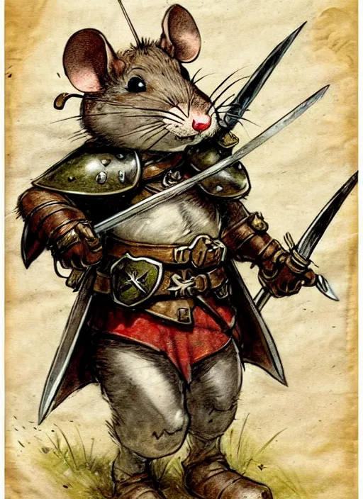 Prompt: a heroic mouse knight with sword and shield on a parchment background, redwall, jean baptiste monge, detailed, epic fantasy concept art