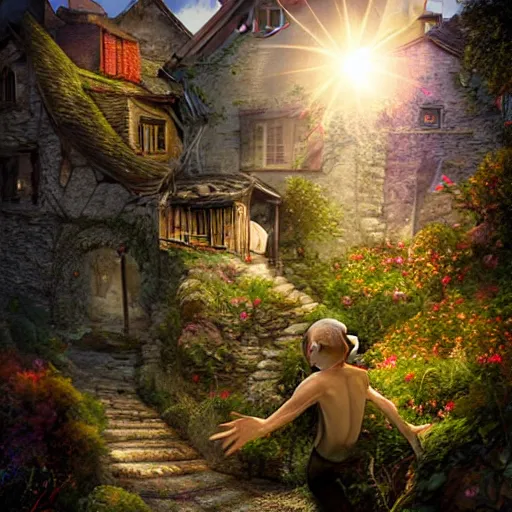 Image similar to my precious! - gollum / smeagol holds the ring high against the backdrop of a medieval village in switzerland, ornate, beautiful, atmosphere, vibe, flowers, concept art illustration, greg rutowski, volumetric lighting, sunbeams, particles