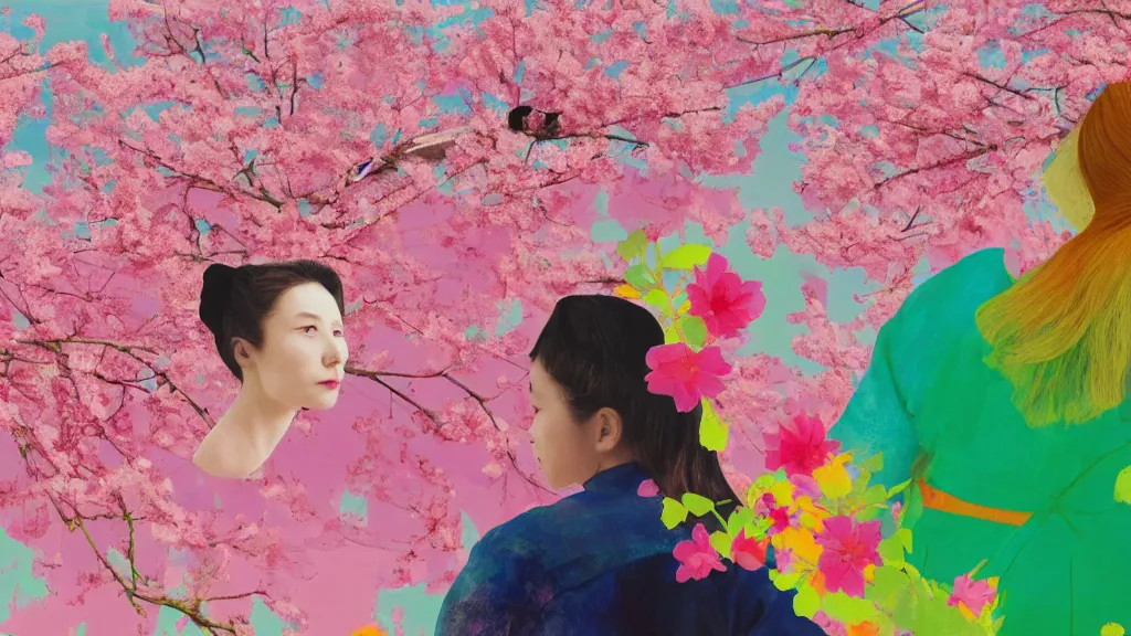 Image similar to close - up of a woman in a small group of people, a flower viewing picnic sakura, japan, a collage painting, in the style of wes anderson, lola dupre, david hockney, isolated on negative white space background dark monochrome neon fluorescent spraypaint accents volumetric octane render