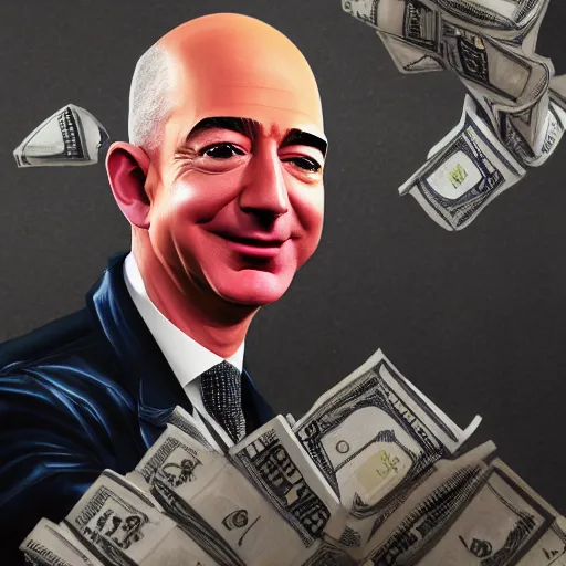 Prompt: jeff bezos sitting on a mountain of money, digital art, artstation, 4k, high quality, ultra detail