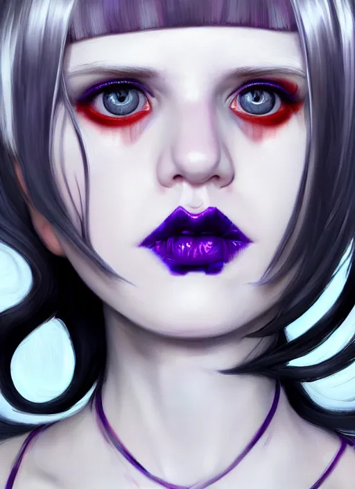 Image similar to portrait of white teenage girl, normal face, white bangs, mall goth, cyberlox, black and white hair, bangs, fluffy bangs, red contact lenses, purple lipstick, intricate, elegant, highly detailed, digital painting, artstation, concept art, sharp focus, smooth, illustration, art by wlop, mars ravelo and greg rutkowski