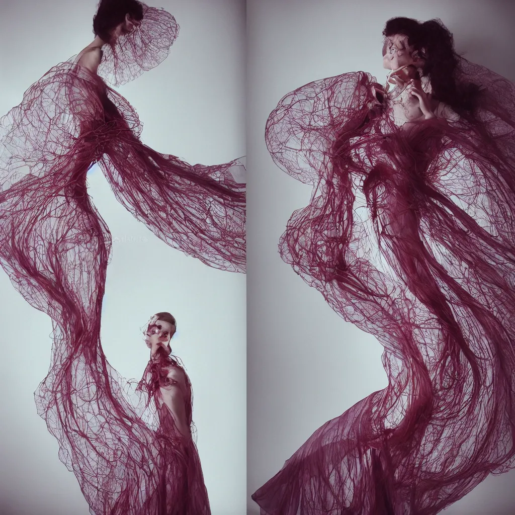 Image similar to Fashion photography of a woman wearing a dress inspired by a jellyfish, artistic photography, insanely detailed, chiaroscuro, cinestill 800t, Vogue magazine