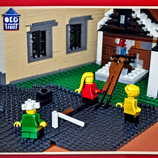 Image similar to Salem witch trials Lego set, burning at the stake legos, witch tied to a stake, mob Justice legos