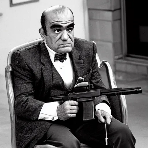 Image similar to lalo salamanca sitting in a chair with his gun