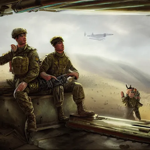 Prompt: soldiers with an emotionless look on their faces sitting inside a plane on their way to the battlefield, digital painting, highly detailed, illustration, intricate, in the style of grek rutkowski