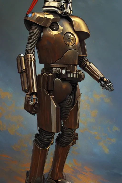 Image similar to a full body fantasy portrait oil painting illustration of a robot in battle worn armour by Justin Sweet and Greg Rutkowski and Alphonse Mucha with face and body clearly visible, Star Wars, sith, forgotten realms, artstation trending, high quality, sombre mood, artstation trending, muted colours, no crop, entire character!,