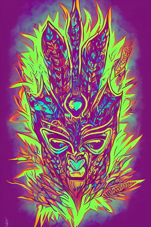 Image similar to animal mask totem roots flower tribal feather gemstone plant wood rock shaman vodoo video game vector cutout illustration vivid multicolor borderlands comics by josan gonzales and dan mumford radiating a glowing aura