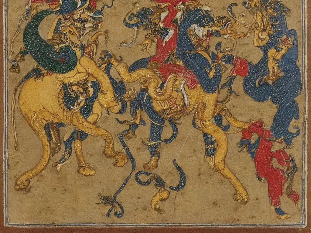 Image similar to Man on elephant fighting the dragon. Persian miniature, golden.
