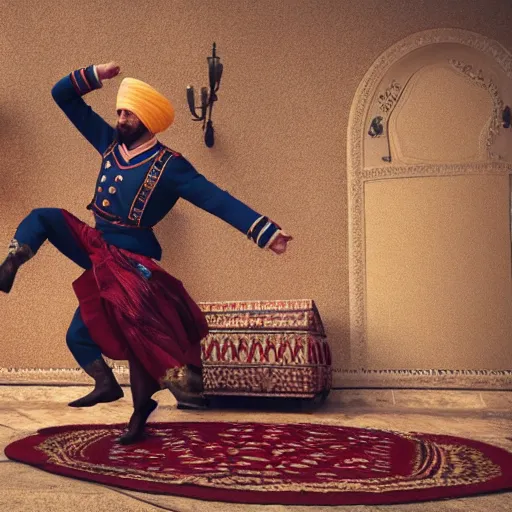 Image similar to cossack dancing on the turban of an ottoman sultan, realism, 4 k, octane render, award winning photograph