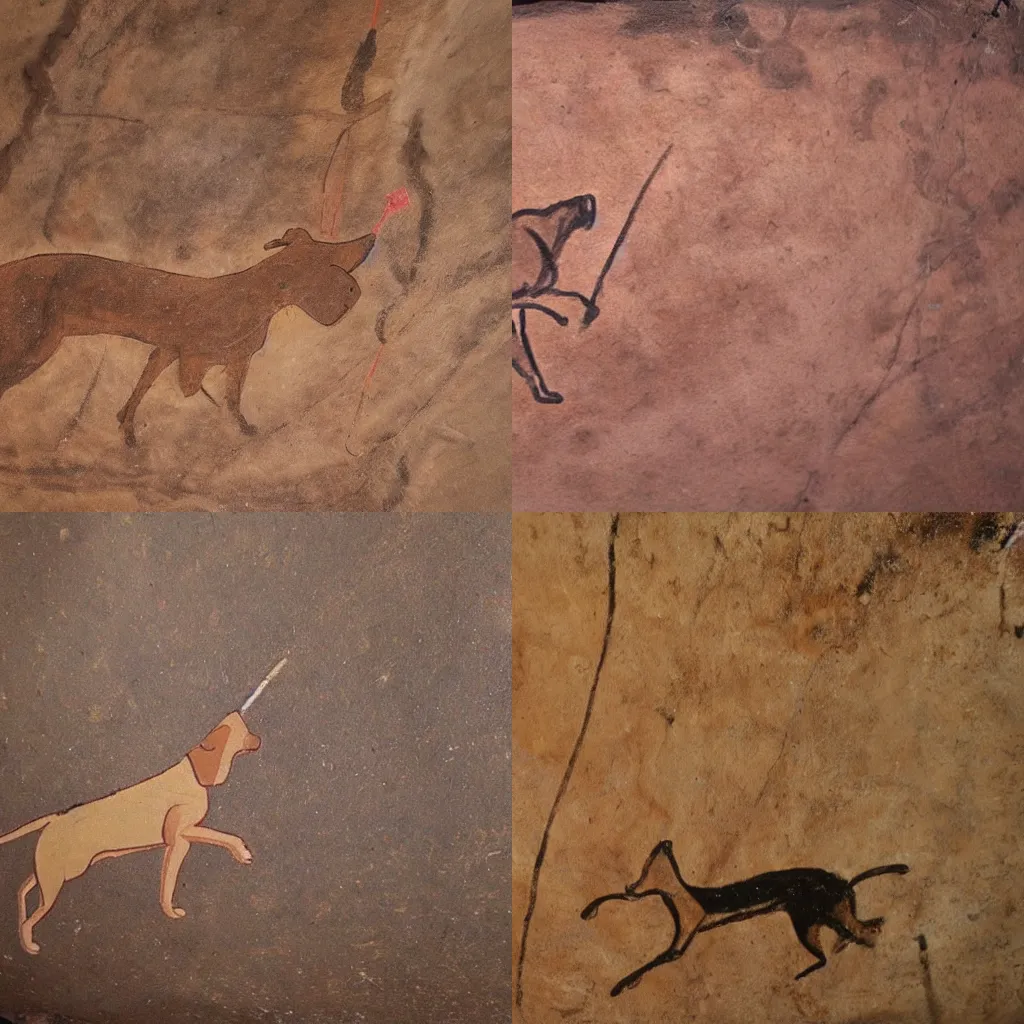 Prompt: A cave painting of a dog fetching a stick