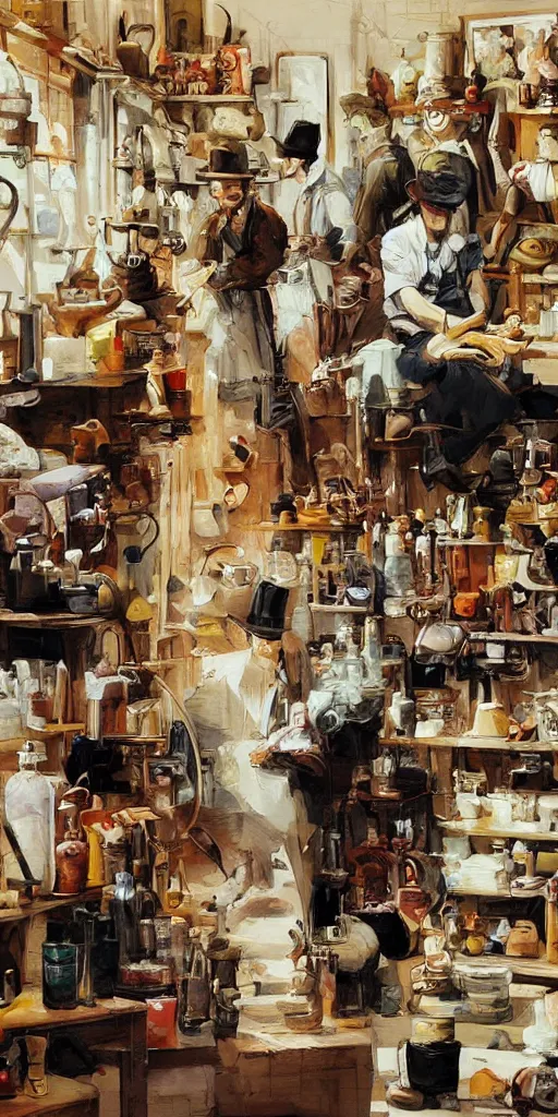 Image similar to oil painting scene from shoemaker's shop by kim jung gi