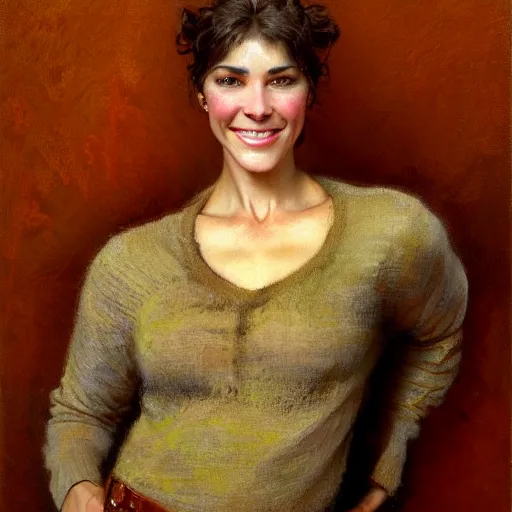 Prompt: a portrait of an anthromorphic pitbull female wearing a sweater and smiling at the viewer. highly detailed painting by gaston bussiere, craig mullins, j. c. leyendecker 8 k