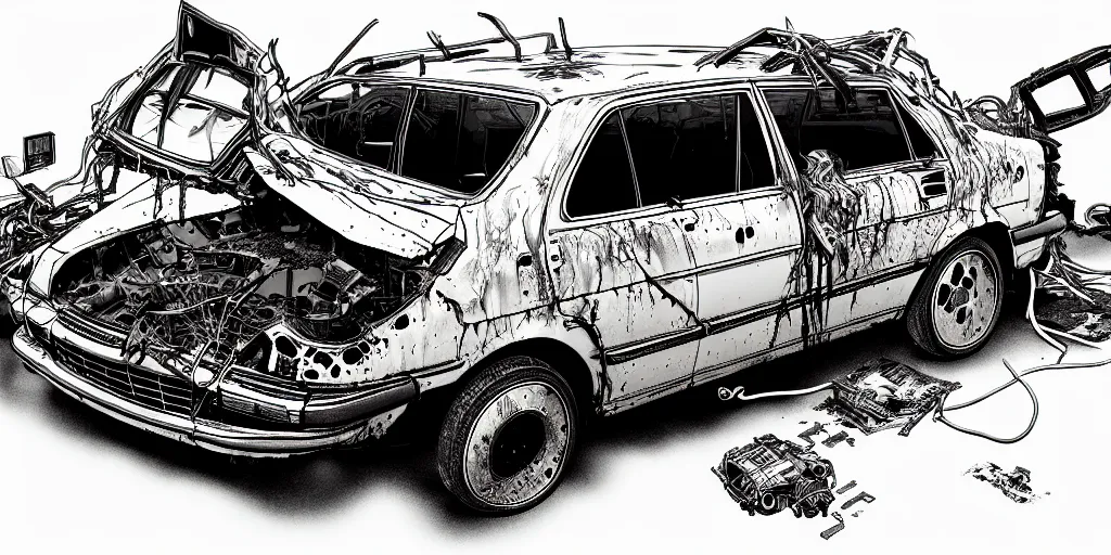 Image similar to a big woman axolotl in burning wrecked mercedes 1 2 4, ultrafine hyperdetailed illustration by kim jung gi