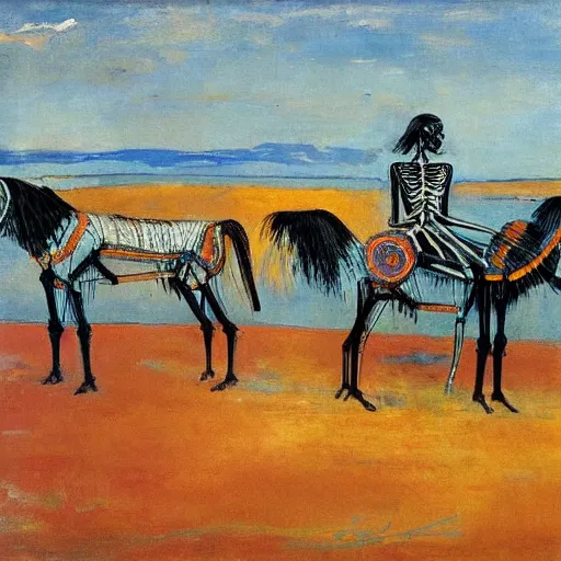 Prompt: The body art features a human figure driving a chariot. The figure is skeletal and frail, with a large head and eyes. The chariot is pulled by two animals, which are also skeletal and frail. turquoise by Sean Scully, by Arthur Streeton melancholic, colorful