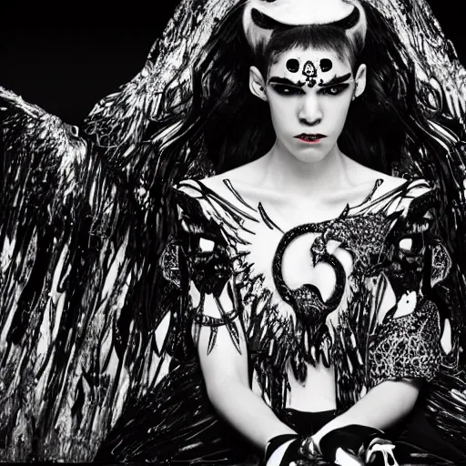 Prompt: a monochrome symmetric wide shot of Grimes as a fallen angel, sitting in a large glittery hell simulation with skulls and computer code