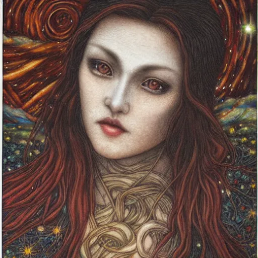 Image similar to by chie yoshii threatening. a beautiful land art of a woman with long flowing hair, wild animals, & a dark, starry night sky.