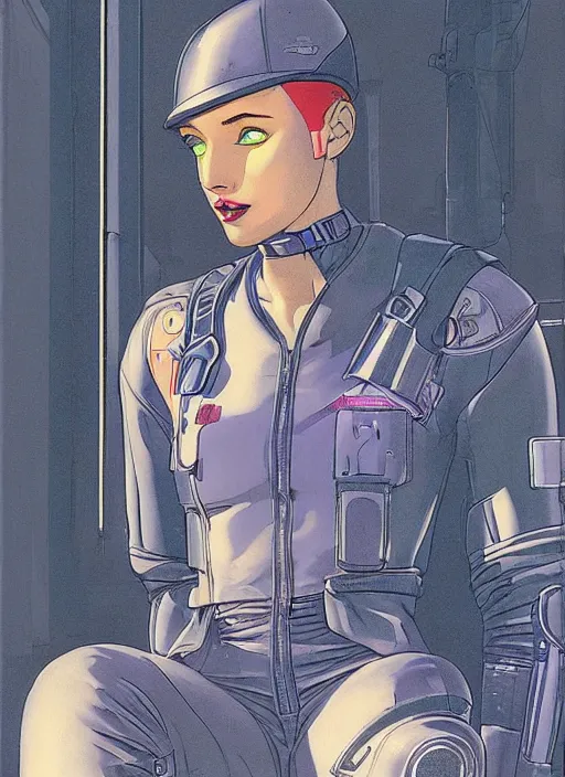 Image similar to cyberpunk traffic cop in reflective gear. dystopian. portrait by mœbius and will eisner and gil elvgren and pixar. realistic proportions. cyberpunk 2 0 7 7, apex, blade runner 2 0 4 9 concept art. cel shading. attractive face. thick lines.