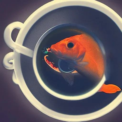 Image similar to photomanipulation of a supernatural fish drinking a cup of tea by a straw.