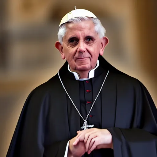 Image similar to pope benedict wearing sith cloak as chancelor palpatine in star wars episode 3, 8 k resolution, cinematic lighting, anatomically correct