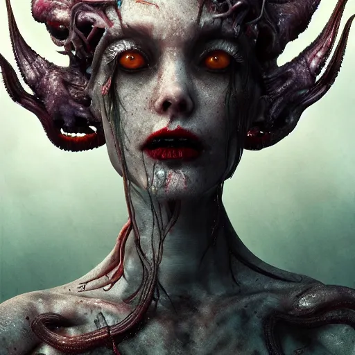 Prompt: beautiful, terrifying, demonic, full body female, with the body of a goddess, a beautiful porcelain face, with parasitic tentacles crawling up her, in a underwater horror scene, photo realistic, dramatic cinematic lighting, octane render, 4k, ultra detailed