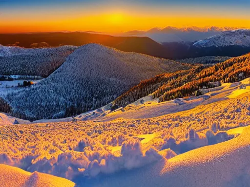 Prompt: a calm, soothing and cozy landscape, snowy mountains, sunset, panorama view, 4 k