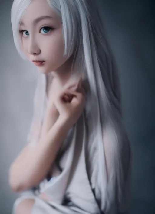Prompt: thin young girl with silver hair, pale and wan!, wearing robes, petite goddess, flowing hair, pale skin, young cute face, covered!!, clothed!, 4 k resolution, aesthetic!,